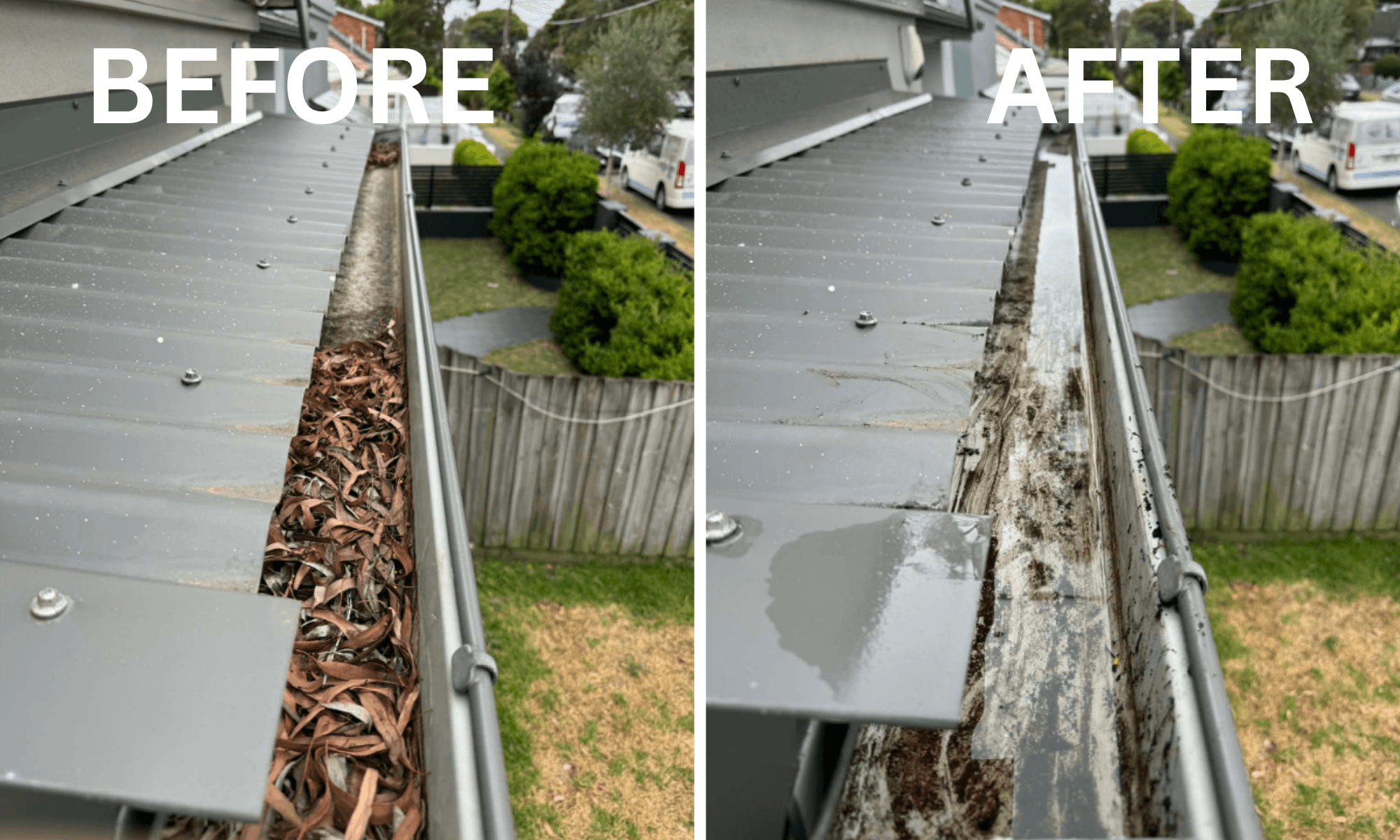 Before and after gutter cleaning on a Sydney Eastern Suburbs property